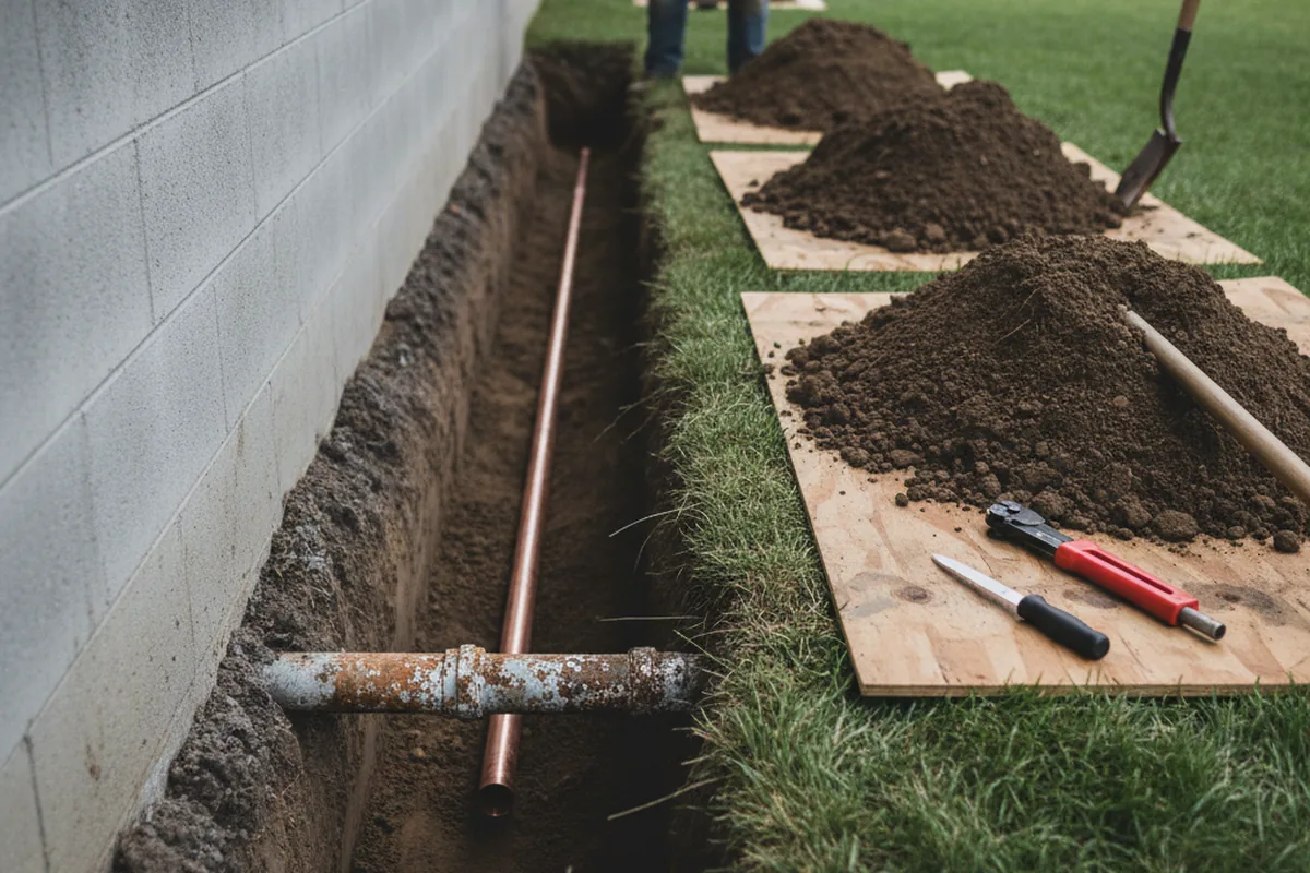 Excavated water line trench during Water Softener Installation in Gratz